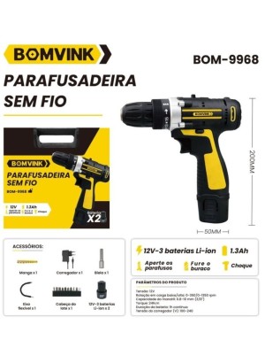  PARAFUSADEIRA SEM FIO 12V COM 2 BATERIA BOM-9968 (R#)