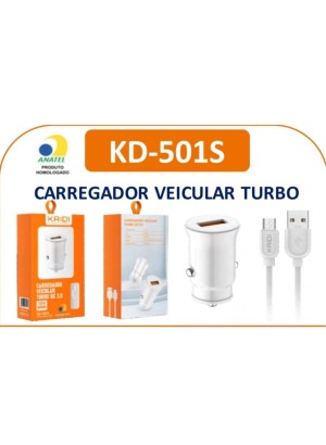 CARREGADOR VEICULAR TURBO V8 USB 3.0 18W KAIDI KD-501S